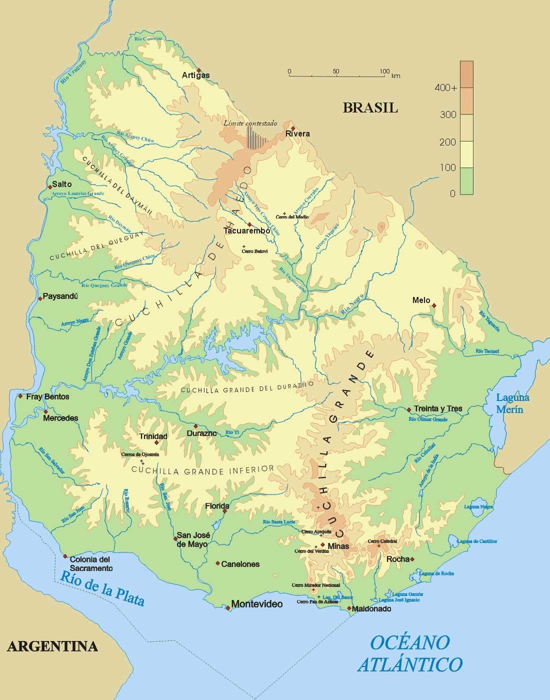 Kaart füüsilise Uruguay